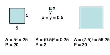 formulas describing the area and perimeter of squares